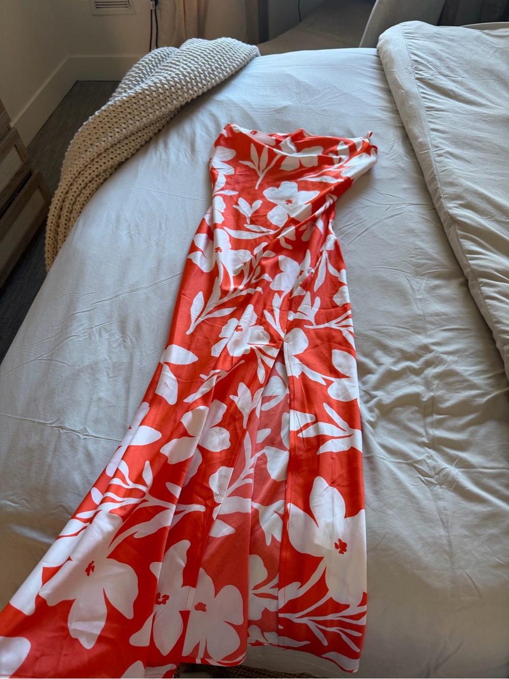 Strapless Satin Red & White Floral Maxi Dress